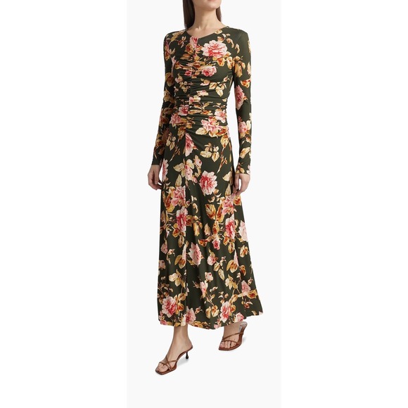 Cara Cara Maisy Dress Altha Flora Olive Floral Ruched Maxi Dress Size L NEW $545